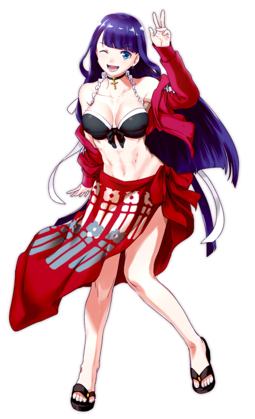 1girl ;d aoba_(smartbeat) arm_up armpits bangs bare_shoulders bikini_top black_bikini_top black_footwear black_ribbon blue_eyes blunt_bangs breasts choker cleavage collarbone cross_choker earrings eyebrows_visible_through_hair fate/grand_order fate_(series) flip-flops frills front-tie_bikini front-tie_top full_body highres jacket jewelry large_breasts long_hair looking_at_viewer midriff navel off_shoulder one_eye_closed open_clothes open_jacket open_mouth purple_hair red_jacket ribbon saint_martha saint_martha_(swimsuit_ruler)_(fate) sandals sarong shiny shiny_hair simple_background smile standing stomach straight_hair toned v v-shaped_eyebrows very_long_hair white_background
