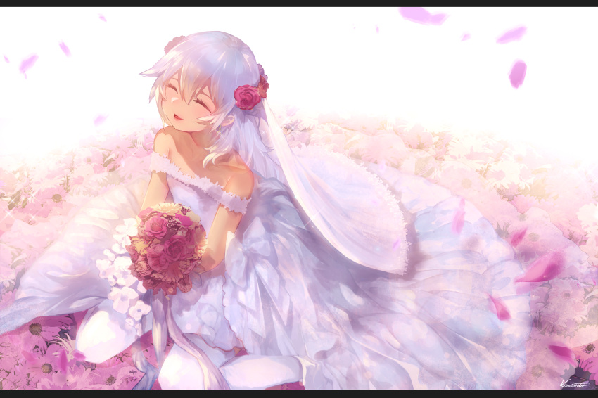 1girl :d alternate_costume alternate_hairstyle azur_lane bangs bare_shoulders blush bouquet bridal_veil closed_eyes commentary_request dress flower flower_bed hair_between_eyes hair_flower hair_ornament happy highres holding holding_bouquet karinto_yamada laffey_(azur_lane) layered_dress letterboxed long_hair looking_up messy_hair off-shoulder_dress off_shoulder open_mouth petals pink_flower pink_rose purple_flower purple_rose red_flower red_rose rose sidelocks signature silver_hair sitting smile solo veil very_long_hair wedding_dress white_background white_dress white_flower white_legwear yokozuwari