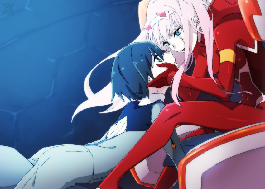 1boy 1girl black_hair blue_eyes couple darling_in_the_franxx face-to-face gloves green_eyes hands_on_another's_face highres hiro_(darling_in_the_franxx) horns leje39 long_hair looking_at_another military military_uniform pilot_suit pink_hair red_gloves short_hair sitting uniform zero_two_(darling_in_the_franxx)