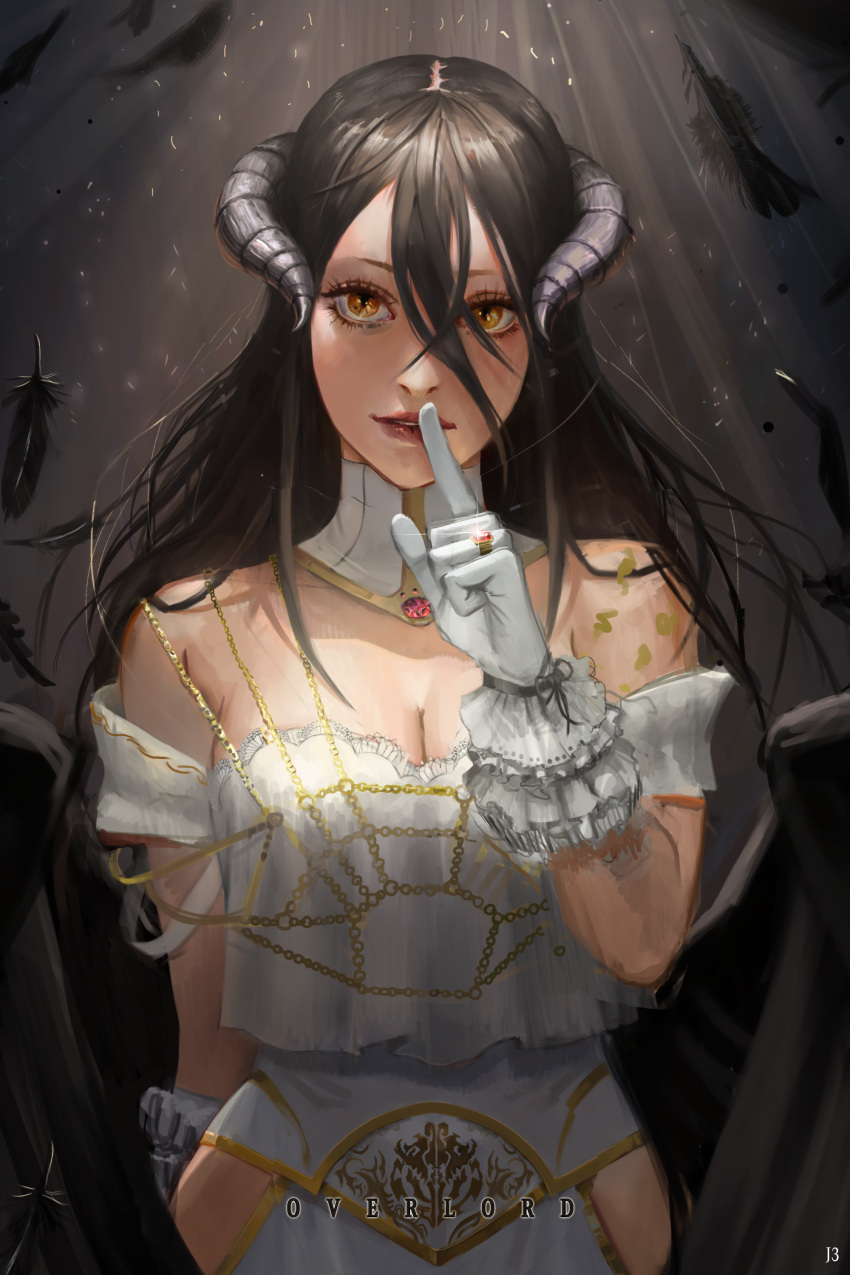 1girl absurdres albedo artist_name bare_shoulders black_hair black_wings breasts cleavage copyright_name demon_horns detached_collar dress feathers finger_to_mouth gloves hair_between_eyes highres horns jewelry lens_flare lips long_hair looking_at_viewer overlord_(maruyama) ring shushing solo suns10233 upper_body white_dress white_gloves wings yellow_eyes