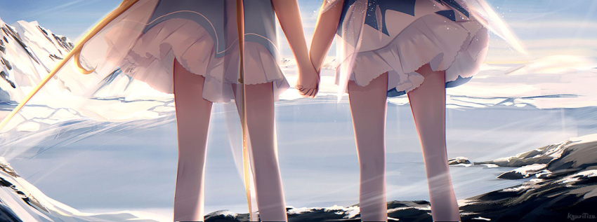 2girls bare_legs blue_dress blue_sky cirno commentary_request daiyousei day dress fairy_wings from_behind frozen_lake head_out_of_frame holding_hand interlocked_fingers kyuri_tizu lake layered_dress multiple_girls outdoors short_dress sky standing touhou transparent_wings wings winter