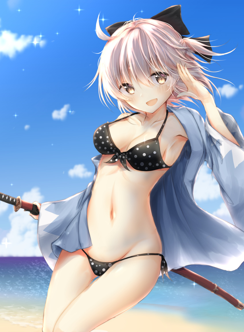 1girl :d absurdres ahoge bangs beach bikini blue_sky blush bow breasts cleavage clouds collarbone cowboy_shot day eyebrows_visible_through_hair fate/grand_order fate_(series) front-tie_bikini front-tie_top groin hair_bow half_updo hand_up haori highres holding holding_sword holding_weapon horizon japanese_clothes looking_at_viewer medium_breasts navel ocean okita_souji_(fate) okita_souji_(fate)_(all) open_mouth outdoors pink_hair polka_dot polka_dot_bikini salute sheath sheathed short_hair side-tie_bikini sky smile solo sparkle standing stomach swimsuit sword uzuki_tsukuyo water weapon wide_sleeves yellow_eyes