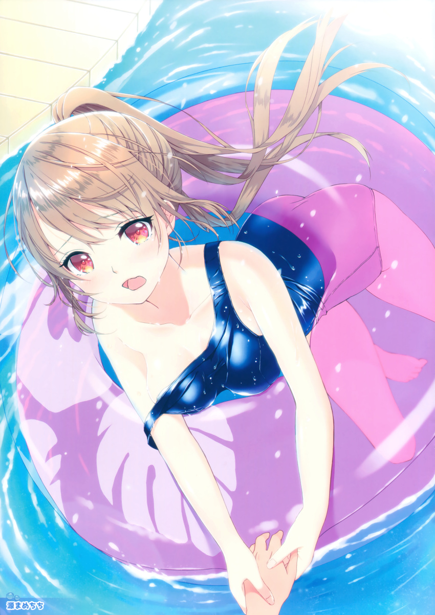 1girl absurdres artist_name bare_arms bare_legs bare_shoulders barefoot blue_swimsuit breasts brown_hair collarbone crying crying_with_eyes_open d: eyelashes eyes_visible_through_hair floating_hair from_above hand_holding highres holding innertube light long_hair looking_at_viewer medium_breasts minamoto_mamechichi one-piece_swimsuit open_mouth original panicking partially_submerged ponytail pool poolside raised_eyebrows red_eyes school_swimsuit shiny shiny_clothes shiny_hair solo swimming swimsuit tears undressing wardrobe_malfunction water water_drop wet