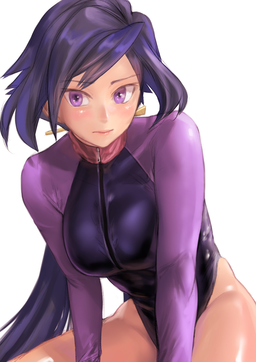 1girl ayame_(gundam_build_divers) black_hair breasts commentary_request diving_suit gundam gundam_build_divers hair_ornament highres kilye_4421 large_breasts lips long_hair long_sleeves low_ponytail shiny shiny_skin solo violet_eyes