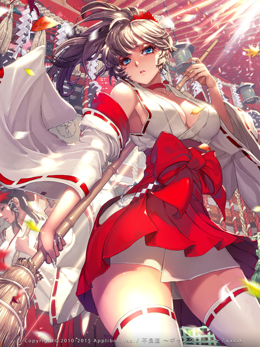 2girls ass_visible_through_thighs bamboo_broom black_hair blue_eyes breasts broom brown_hair choker cleavage cowboy_shot detached_sleeves earrings fingernails furyou_michi_~gang_road~ hakama_skirt highres japanese_clothes jewelry kouhaku_nawa large_breasts leaf light_particles light_rays lips long_hair long_sleeves looking_at_viewer maple_leaf miko motion_blur multiple_girls nail_polish nontraditional_miko official_art parted_lips revealing_clothes ribbon-trimmed_legwear ribbon-trimmed_sleeves ribbon_trim shide shiny shiny_hair shrine solo_focus standing thigh-highs thighs underwear white_legwear white_nails wide_sleeves wind xaxak