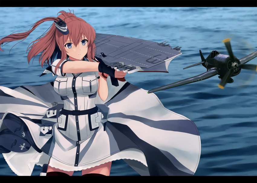 1girl belt black_gloves blouse blue_eyes breast_pocket breasts brown_hair dress f6f_hellcat fingerless_gloves flight_deck fuyube_gin_(huyube) gloves half_gloves kantai_collection large_breasts long_hair ocean official_style pocket red_legwear remodel_(kantai_collection) saratoga_(kantai_collection) shizuma_yoshinori_(style) short_sleeves side_ponytail single_glove smokestack_hair_ornament solo standing standing_on_liquid thigh-highs turret two-tone_dress white_blouse white_dress