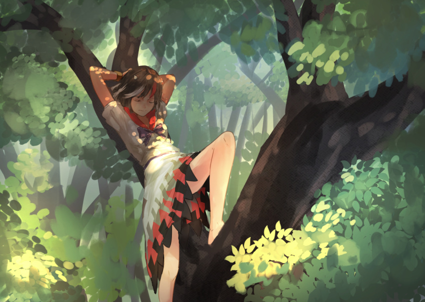 1girl arms_up bangs black_hair closed_eyes commentary_request dappled_sunlight dress kijin_seija leaf leg_support multicolored_hair neck_bow red_sailor_collar sailor_collar short_hair short_sleeves solo streaked_hair sunlight touhou tree white_dress