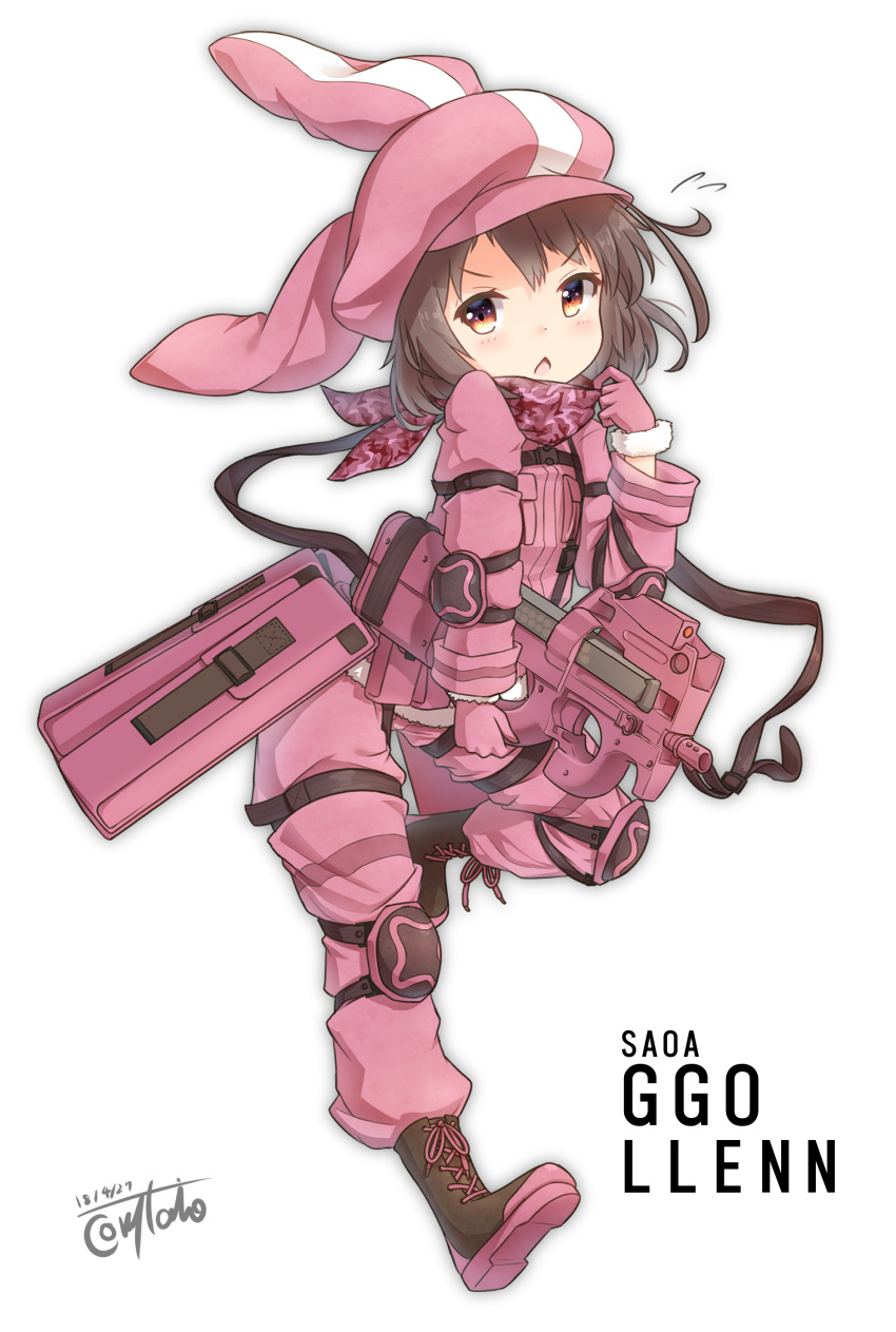 1girl absurdres animal_ears animal_hat boots brown_eyes brown_footwear brown_hair bullpup bunny_hat character_name commentary_request copyright_name coreytaiyo cross-laced_footwear dated flying_sweatdrops gloves gun hat highres holding holding_gun holding_weapon jacket lace-up_boots llenn_(sao) long_sleeves p-chan_(p-90) p90 pants pink_gloves pink_hat pink_jacket pink_pants rabbit_ears signature solo standing submachine_gun sword_art_online sword_art_online_alternative:_gun_gale_online weapon white_background