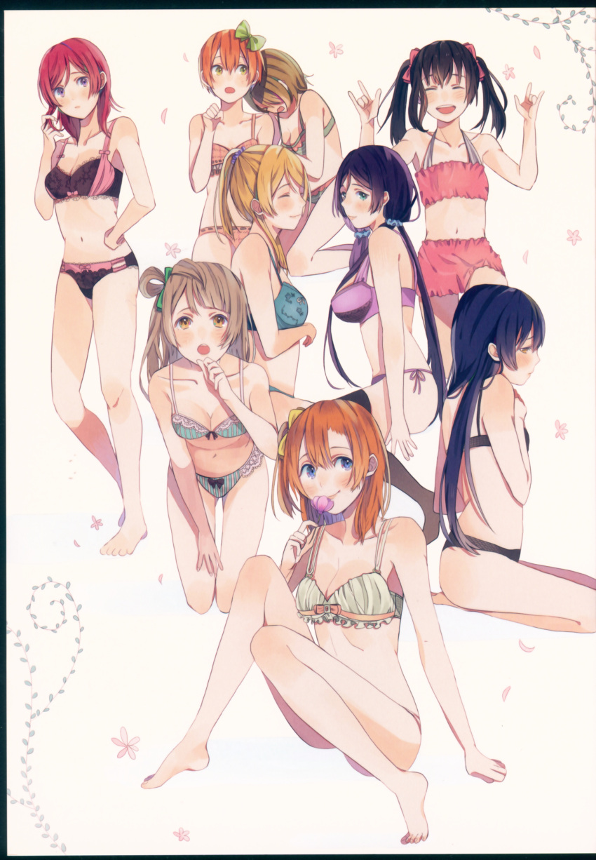 6+girls :d absurdres aqua_bra aqua_panties ayase_eli barefoot bikini black_bra black_hair black_legwear black_panties blonde_hair blue_eyes blue_hair blue_scrunchie blush bow bow_panties br_(artist) bra breasts brown_eyes brown_hair cleavage closed_eyes collarbone embarrassed green_bow green_bra green_panties green_ribbon hair_between_eyes hair_bow hair_ornament hair_ribbon hair_scrunchie hair_twirling hand_on_hip hand_on_lap highres holding hoshizora_rin kneeling koizumi_hanayo kousaka_honoka leaning_forward long_hair looking_at_viewer love_live! medium_breasts minami_kotori multiple_girls navel nico_nico_nii nishikino_maki open_mouth orange_hair panties petals pink_bra pink_ribbon pink_shorts ponytail purple_bra redhead ribbon scrunchie short_hair short_shorts shorts side-tie_bikini side_ponytail sitting small_breasts smile sonoda_umi standing striped striped_bra striped_panties swimsuit thigh-highs toujou_nozomi twintails underwear underwear_only violet_eyes white_background yazawa_nico yellow_bow