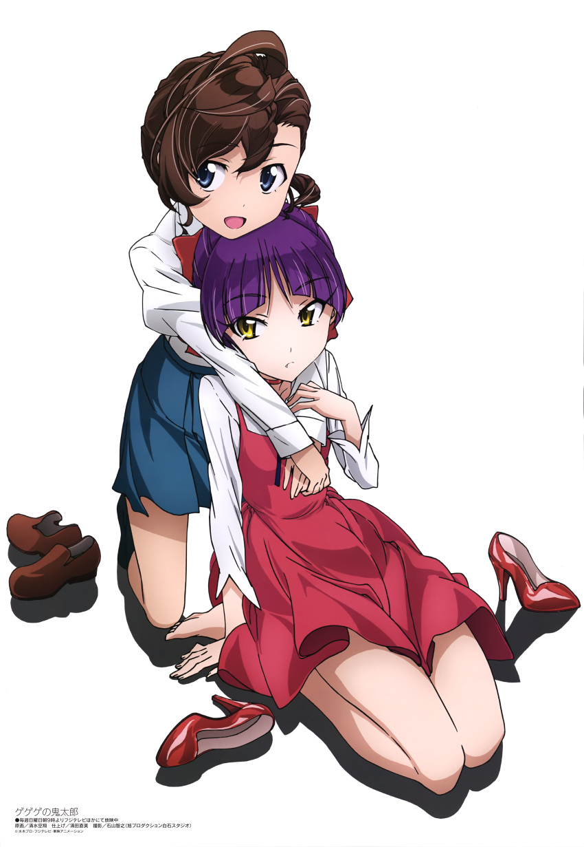 2girls :d absurdres ahoge arms_around_neck bangs barefoot blue_eyes bow brown_hair choker dress eyebrows_visible_through_hair fang frown gegege_no_kitarou hair_between_eyes hair_bow high_heels highres hug hug_from_behind inuyama_mana kneeling long_sleeves magazine_scan multiple_girls nekomusume nekomusume_(gegege_no_kitarou_6) official_art open_mouth parted_bangs purple_hair red_dress ribbon scan seiza shiny shiny_hair shirt shoes_removed short_hair simple_background sitting skirt smile socks white_background white_shirt yellow_eyes
