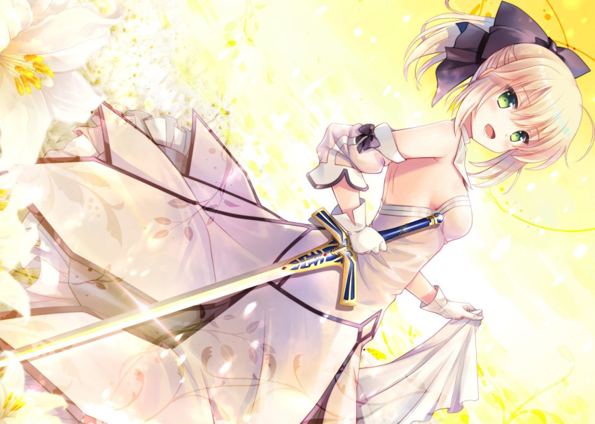 1girl :d artoria_pendragon_(all) black_bow blonde_hair bow breasts choker day detached_sleeves dress dutch_angle excalibur eyebrows_visible_through_hair fate/unlimited_codes fate_(series) field flower flower_field gloves green_eyes hair_between_eyes hair_bow head_tilt holding holding_sword holding_weapon ikegami_akane lily_(flower) long_hair looking_at_viewer open_mouth outdoors ponytail saber_lily shirt_hold sideboob sidelocks sleeveless sleeveless_dress small_breasts smile solo standing strapless strapless_dress sword weapon white_dress white_flower white_gloves