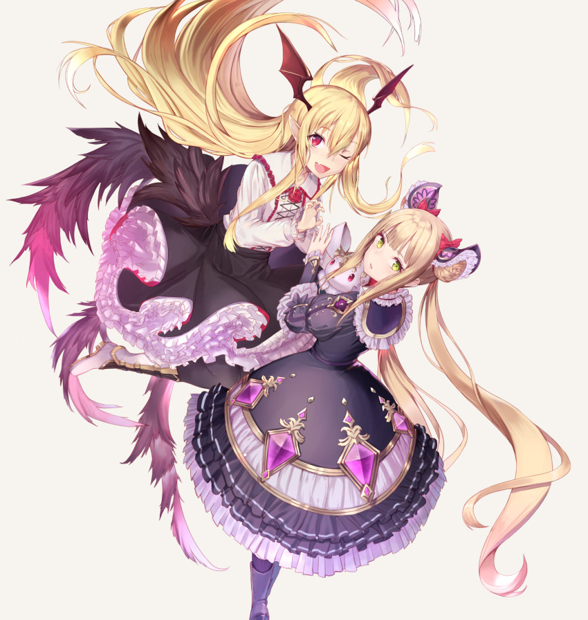 2girls bangs bat_wings beige_background black_dress black_footwear black_legwear black_skirt blonde_hair boots bow commentary_request double_bun dress eyebrows_visible_through_hair flower frilled_shirt_collar frills granblue_fantasy green_eyes hair_between_eyes hair_bow head_wings highres knee_boots light_brown_hair long_hair long_sleeves looking_at_viewer looking_to_the_side luna_(shadowverse) multiple_girls pantyhose puffy_short_sleeves puffy_sleeves red_bow red_eyes red_flower red_rose red_wings rose rubellent shadowverse shirt short_over_long_sleeves short_sleeves side_bun simple_background skirt stuffed_animal stuffed_toy twintails vampy very_long_hair white_footwear white_shirt wings