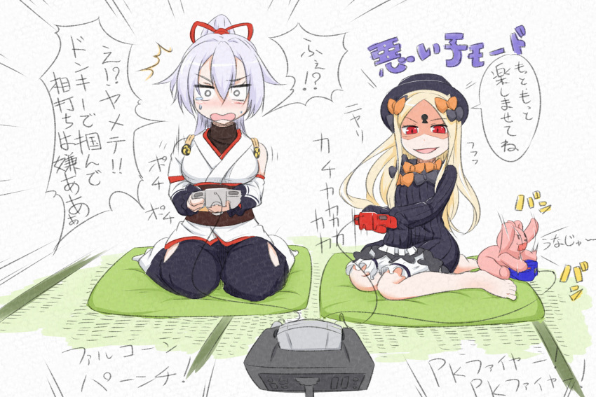 /\/\/\ 2girls :d abigail_williams_(fate/grand_order) bangs barefoot black_bow black_dress black_hat black_pants blonde_hair blush bow bug butterfly controller dress fate/grand_order fate_(series) game_console game_controller hair_bow hair_ribbon hat high_ponytail highres holding insect japanese_clothes kimono long_hair long_sleeves multiple_girls neon-tetora obi open_mouth orange_bow pants parted_bangs ponytail red_eyes red_ribbon ribbon sash short_kimono silver_hair sitting sleeves_past_fingers sleeves_past_wrists smile stuffed_animal stuffed_toy sweat tears teddy_bear tomoe_gozen_(fate/grand_order) translation_request very_long_hair wariza white_kimono