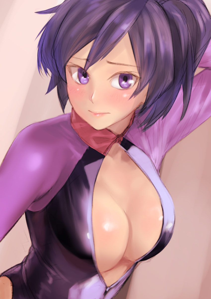 1girl ayame_(gundam_build_divers) black_hair breasts cleavage diving_suit fujisawa_aya_(gundam_build_divers) gundam gundam_build_divers highres kilye_4421 large_breasts lips long_hair open_clothes shiny shiny_skin side_ponytail solo violet_eyes