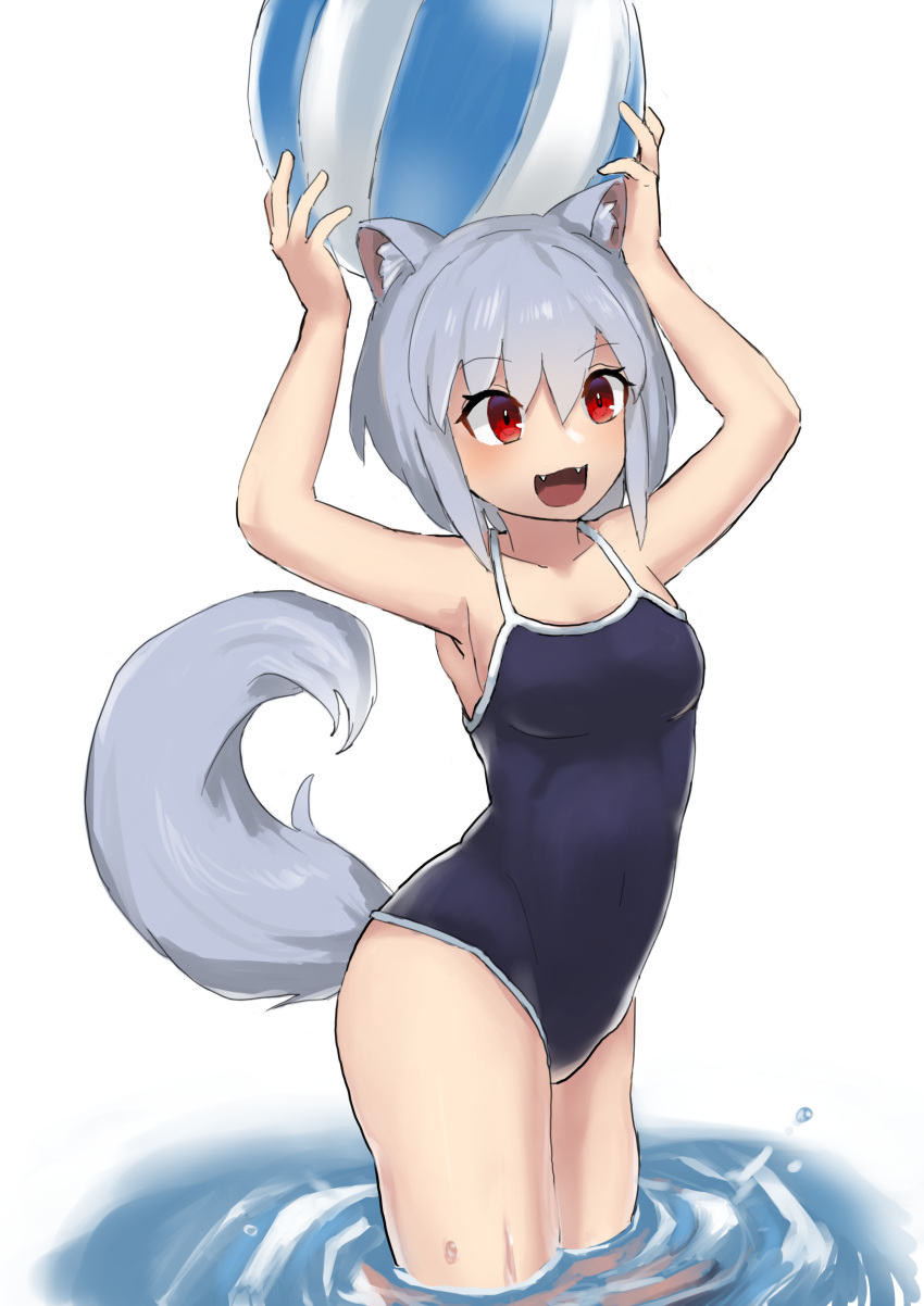 1girl :d absurdres animal_ears armpits arms_up ball bangs bare_arms bare_shoulders beachball black_swimsuit blush collarbone covered_navel fangs highres holding holding_ball inubashiri_momiji matinmorgen open_mouth red_eyes ripples school_swimsuit shiny shiny_hair short_hair silver_hair simple_background smile solo standing swimsuit tail tareme touhou wading water white_background wolf_ears wolf_tail