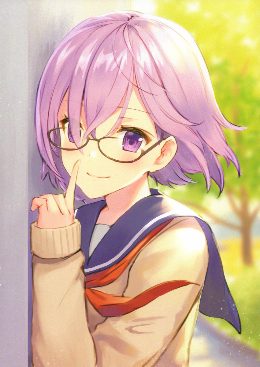 1girl absurdres bangs blurry blush closed_mouth day depth_of_field eyebrows_visible_through_hair fate/grand_order fate_(series) glasses hair_over_one_eye haru_(hiyori-kohal) highres huge_filesize index_finger_raised looking_at_viewer mash_kyrielight neckerchief outdoors purple_hair red_neckwear scan school_uniform serafuku short_hair smile solo sweater upper_body violet_eyes