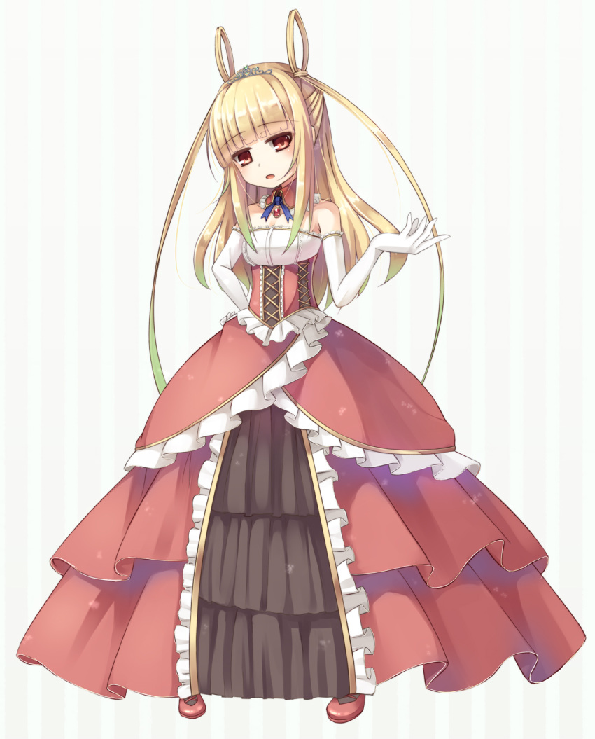 1girl asa_(swallowtail) bangs black_legwear blonde_hair blunt_bangs blush brown_collar brown_dress character_request collar commentary_request detached_collar dress elbow_gloves eyebrows_visible_through_hair frilled_collar frilled_dress frills full_body gloves gradient_hair green_hair hair_rings harlem_heart head_tilt highres long_hair looking_at_viewer multicolored_hair parted_lips pigeon-toed red_eyes red_footwear shoes sidelocks solo standing strapless strapless_dress striped striped_background twintails vertical-striped_background vertical_stripes very_long_hair white_gloves wing_collar