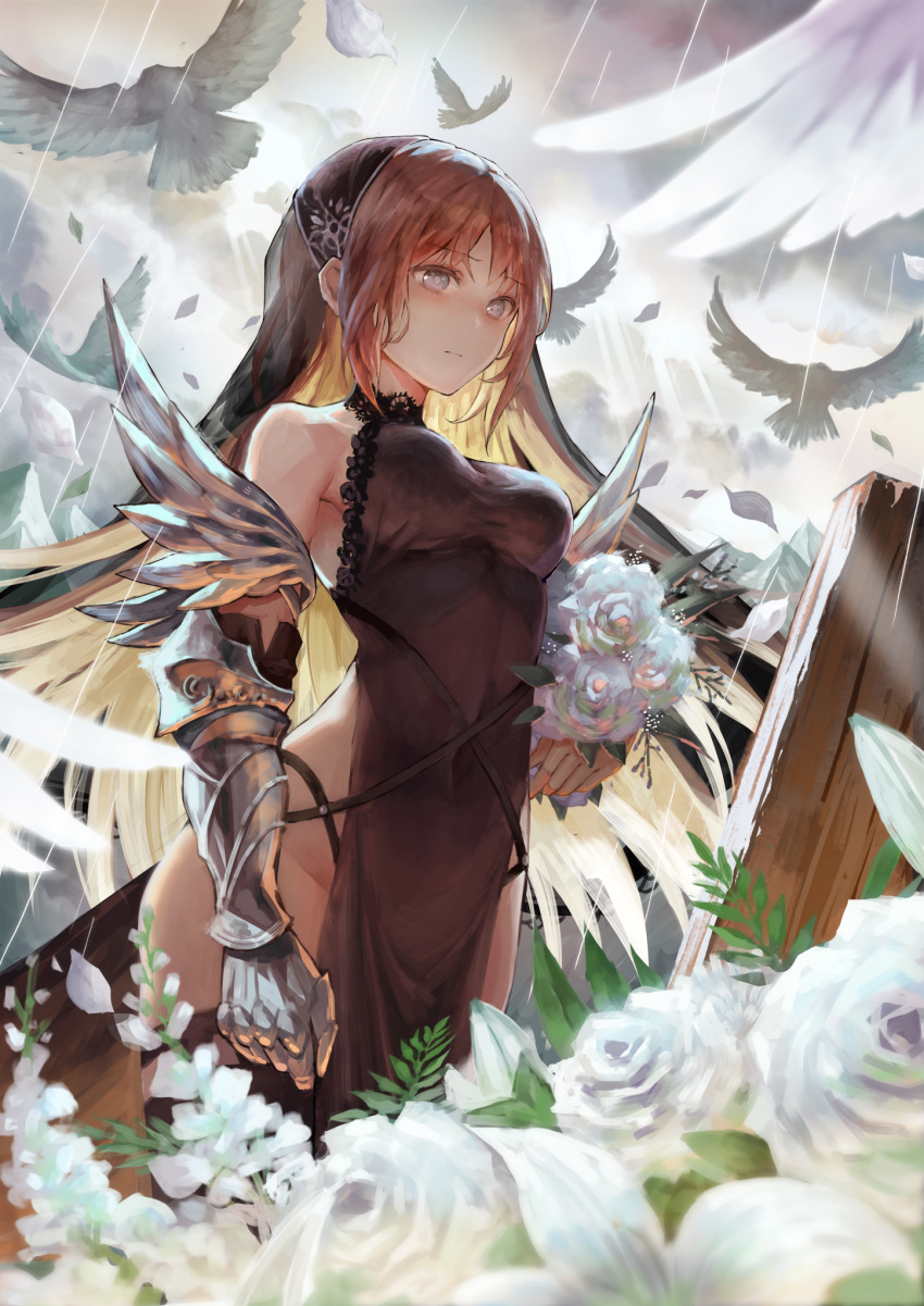 1girl armor bangs bare_shoulders bird black_dress blue_eyes blurry bouquet breasts brown_hair choker clouds cloudy_sky commentary_request depth_of_field dress eyebrows_visible_through_hair flower gauntlets graveyard groin highres holding holding_bouquet impossible_clothes impossible_dress long_hair looking_at_viewer medium_breasts original outdoors petals rain rose sky solo standing tamarashi veil white_flower white_rose