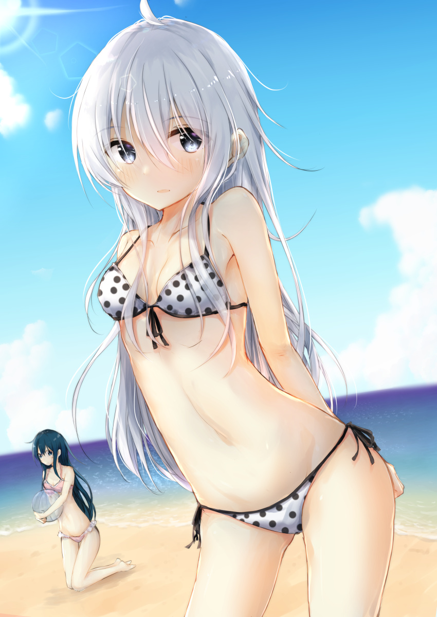 2girls absurdres ahoge akatsuki_(kantai_collection) arms_behind_back ball bangs barefoot beach beachball bikini blue_eyes blue_hair blue_sky blush breasts cleavage clouds commentary_request contrapposto cowboy_shot day dutch_angle eyebrows_visible_through_hair frilled_bikini frills front-tie_bikini front-tie_top grey_eyes groin hair_between_eyes hibiki_(kantai_collection) highres holding holding_ball horizon kantai_collection kneeling lens_flare long_hair looking_at_viewer multiple_girls navel ocean open_mouth outdoors polka_dot polka_dot_bikini side-tie_bikini silver_hair sky small_breasts standing sun sunlight swimsuit uzuki_tsukuyo water