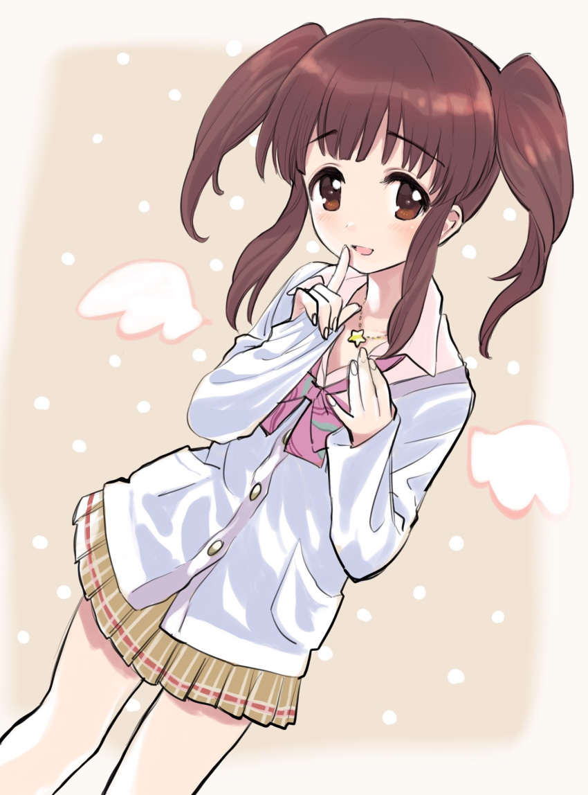 1girl amezawa_koma angel_wings blush brown_eyes brown_hair cardigan collared_shirt commentary_request cosplay cowboy_shot eyebrows_visible_through_hair fake_wings finger_to_mouth hand_on_own_chest highres houjou_karen houjou_karen_(cosplay) idolmaster idolmaster_cinderella_girls jewelry long_sleeves loose_necktie necklace necktie ogata_chieri parted_lips pleated_skirt shirt sidelocks sketch skirt sleeves_past_wrists smile solo star star_necklace twintails wings