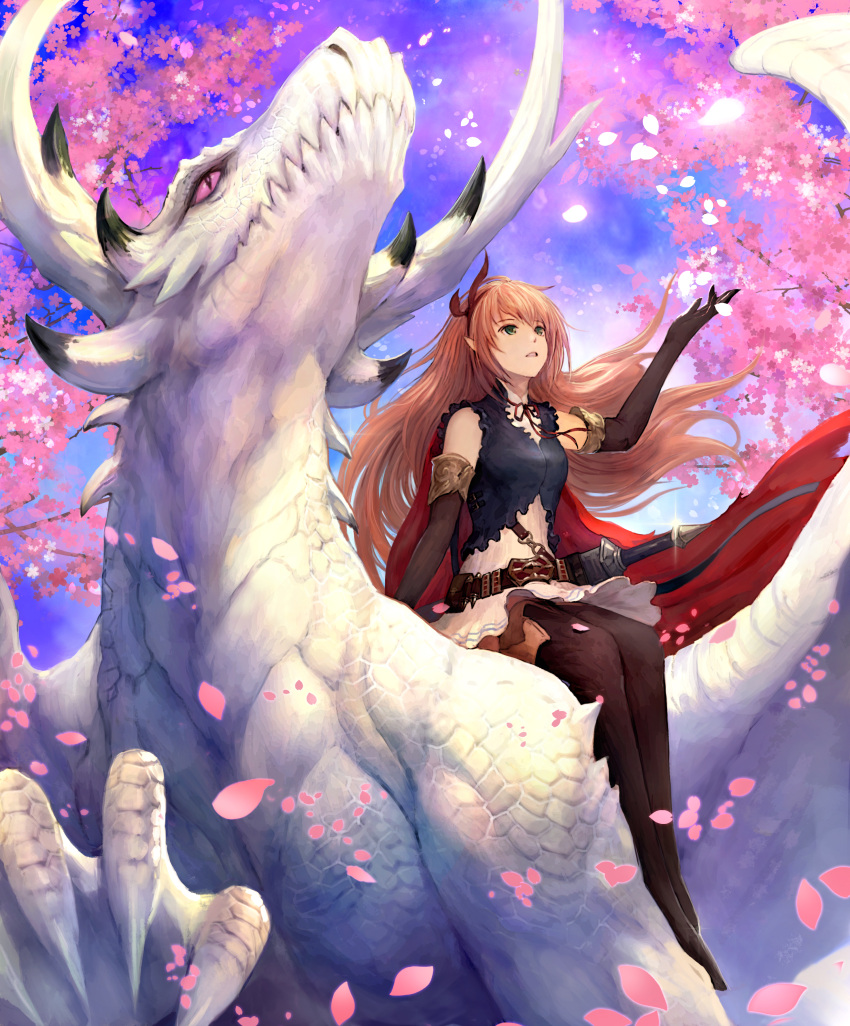 1girl absurdres arisa_(shadowverse) belt black_gloves black_legwear blue_sky breasts cape cherry_blossoms clouds day dragon elbow_gloves glint gloves green_eyes highres kei1115 long_hair looking_up outdoors pantyhose pointy_ears red_cape shadowverse sheath sheathed sidesaddle sitting sky small_breasts solo sword violet_eyes weapon