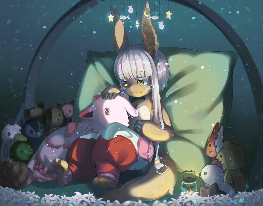1girl 1other :3 absurdres animal_ears closed_mouth eyebrows_visible_through_hair furry highres kimyo lantern long_hair looking_at_another made_in_abyss mitty_(made_in_abyss) nanachi_(made_in_abyss) rabbit_ears red_eyes sitting smile stuffed_animal stuffed_toy tail white_hair yellow_eyes
