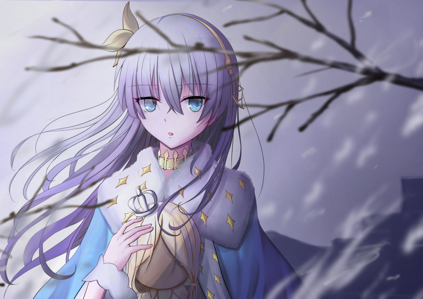 1girl absurdres anastasia_(fate/grand_order) aqua_eyes bare_tree blurry choker crown day depth_of_field doll eyebrows_visible_through_hair fate/grand_order fate_(series) hair_between_eyes hair_blowing hair_ribbon highres long_hair looking_at_viewer mini_crown mishiro0229 mountain outdoors overcast parted_lips ribbon robe silver_hair snowing solo tree upper_body wind winter