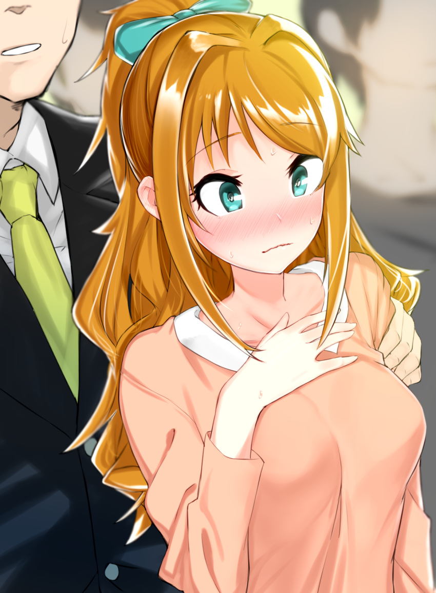 1boy 1girl @_@ apple_(ygbhjdbiulsg) aqua_bow aqua_eyes arm_grab bangs blonde_hair blurry blurry_background blush bow closed_mouth collared_shirt ear_blush embarrassed eyebrows_visible_through_hair eyelashes formal frown green_neckwear hair_bow hand_on_own_chest head_out_of_frame highres hino_akane_(idolmaster) idolmaster idolmaster_cinderella_girls long_hair necktie nose_blush parted_lips pink_shirt ponytail producer_(idolmaster) shiny shiny_hair shirt solo_focus suit sweat swept_bangs upper_body white_shirt wing_collar