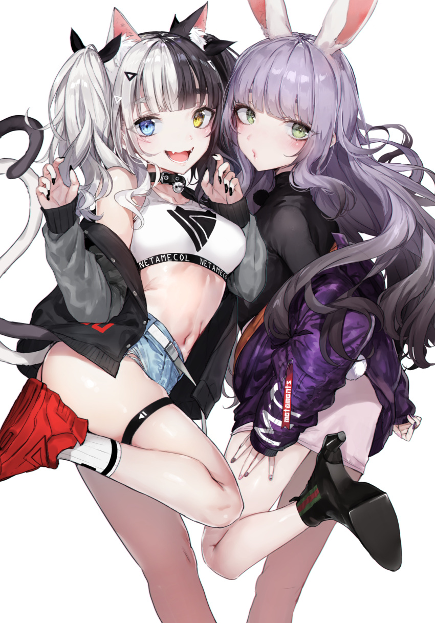 2girls animal_ears bangs bell bell_collar belt black_hair blue_eyes blunt_bangs blush boots breasts bunny_tail cat_ears cat_tail collar crop_top fangs fingernails green_eyes hair_ribbon heterochromia high_heel_boots high_heels highres hoyashi_rebirth long_hair looking_at_viewer multicolored_hair multiple_girls multiple_tails nail_polish original purple_hair rabbit_ears ribbon shoes short_shorts shorts silver_hair simple_background sneakers socks standing standing_on_one_leg tail thigh_strap twintails two-tone_hair white_background yellow_eyes