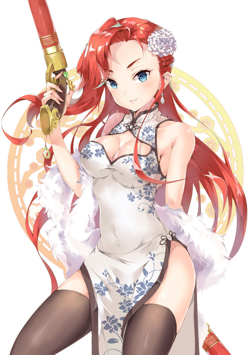 1girl absurdres arm_behind_back black_legwear blue_eyes breasts china_dress chinese_clothes cleavage cleavage_cutout covered_navel dress earrings floating_hair flower gun hair_flower hair_ornament highres holding holding_gun holding_weapon jewelry league_of_legends long_hair looking_at_viewer medium_breasts parted_lips redhead shiny shiny_skin simple_background sleeveless sleeveless_dress solo standing thigh-highs user_tugd3234 very_long_hair weapon white_background white_dress white_flower