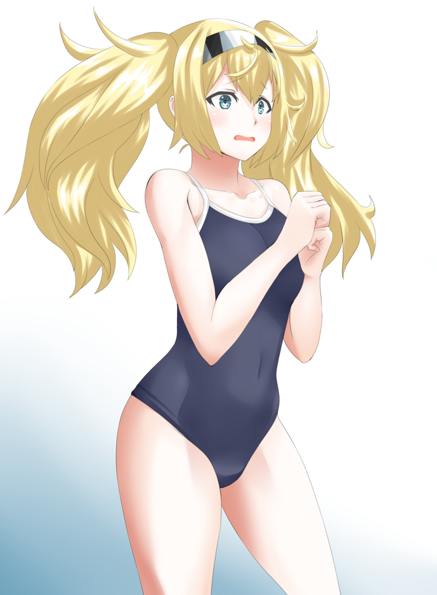 1girl 30-06 black_swimsuit blonde_hair blue_eyes clenched_hand competition_school_swimsuit covered_navel cowboy_shot gambier_bay_(kantai_collection) gradient gradient_background hairband highres kantai_collection long_hair open_mouth school_swimsuit solo swimsuit twintails white_background
