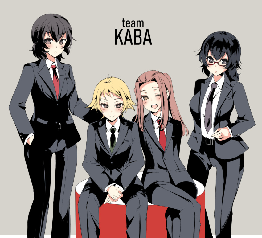 4girls :o abenattou arm_behind_back black_belt black_hair black_jacket black_neckwear blazer blonde_hair brown_eyes caesar_(girls_und_panzer) closed_mouth commentary english erwin_(girls_und_panzer) formal frown girls_und_panzer glasses green_neckwear grey_background hand_in_pocket hand_on_another's_back hands_together jacket leaning_to_the_side long_hair looking_at_viewer medium_hair messy_hair multiple_girls necktie no_hat no_headwear one_eye_closed open_clothes open_jacket oryou_(girls_und_panzer) outside_border pant_suit pointy_hair ponytail red-framed_eyewear red_neckwear romaji saemonza semi-rimless_eyewear short_hair short_ponytail simple_background sitting smile standing suit under-rim_eyewear wing_collar