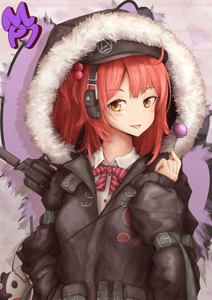 1girl absurdres ahoge ammunition_belt ammunition_pouch arm_strap baggy_clothes bangs beret black_coat black_hat blush bow bowtie breasts buckle candy character_name chinese_commentary coat collared_shirt commentary_request dot_nose ear_protection eyebrows_visible_through_hair food fur-trimmed_coat fur-trimmed_hood fur_trim girls_frontline hair_bobbles hair_ornament hand_up hat headphones highres holding_lollipop hood hood_up hooded_coat large_breasts lollipop long_sleeves looking_at_viewer mp7_(girls_frontline) multiple_straps nail_polish open_mouth orange_eyes parted_bangs pink_hair pink_nails pouch shirt short_hair short_ponytail side_ponytail sleeves_past_wrists solo strap striped_neckwear stuffed_animal stuffed_toy teddy_bear tongue tongue_out upper_body white_shirt