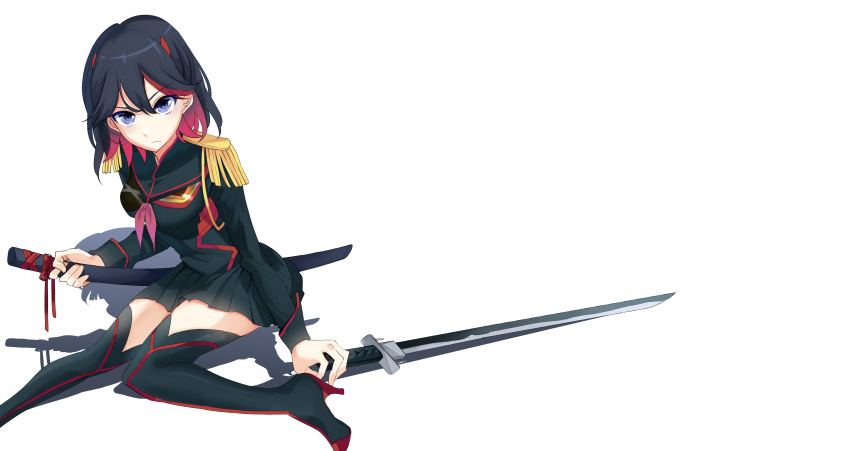 1girl absurdres black_skirt blue_eyes boots commentary_request cosplay epaulettes eyebrows_visible_through_hair high_heel_boots high_heels highres holding holding_sheath holding_sword holding_weapon kanta_(pixiv9296614) katana kill_la_kill kiryuuin_satsuki kiryuuin_satsuki_(cosplay) looking_at_viewer matoi_ryuuko multicolored_hair plaid plaid_skirt school_uniform senketsu serafuku sheath simple_background sitting skirt solo sword two-tone_hair weapon white_background