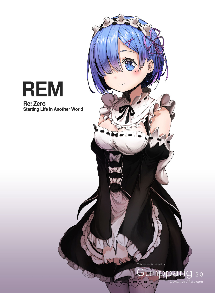 1girl absurdres apron artist_name blue_eyes blue_hair blush breasts character_name closed_mouth copyright_name detached_sleeves dress english frilled_apron frills gradient gradient_background gunppang hair_ornament hair_over_one_eye hairband head_tilt highres long_sleeves looking_at_viewer maid medium_breasts number re:zero_kara_hajimeru_isekai_seikatsu rem_(re:zero) ribbon-trimmed_clothes ribbon-trimmed_legwear ribbon_trim short_hair smile solo thigh-highs v_arms waist_apron white_apron white_legwear x_hair_ornament