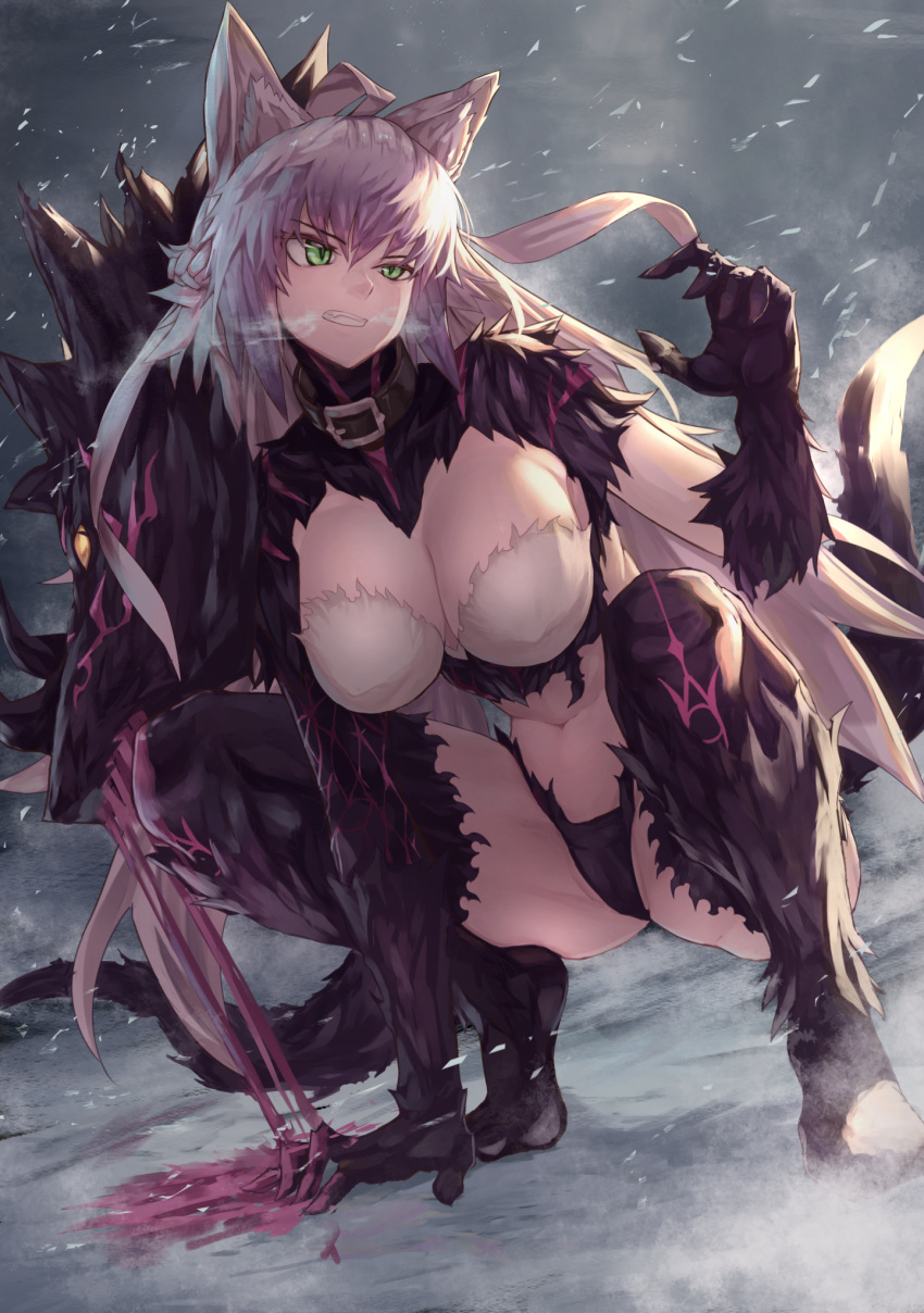 1girl agrius_metamorphosis animal_ears atalanta_(alter)_(fate) atalanta_(fate) breasts cat_ears cleavage clenched_teeth collared_dress commentary_request erect_nipples fate/grand_order fate_(series) fur fur_trim green_eyes hair_ribbon highres large_breasts long_hair looking_to_the_side navel plaster_(2501) ribbon silver_hair solo squatting tail teeth white_ribbon