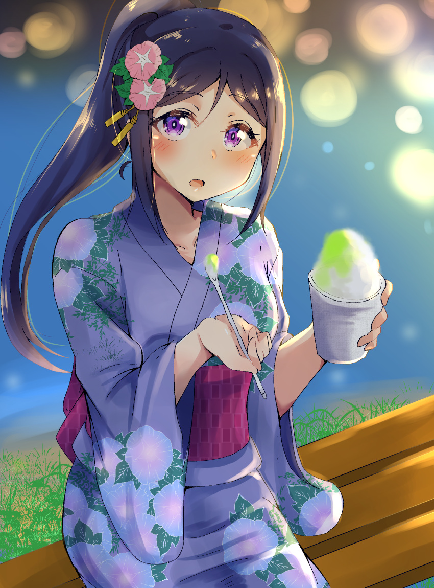 1girl :o bench blue_hair blue_kimono blurry blush bokeh cup depth_of_field floral_print flower hair_flower hair_ornament highres holding holding_cup holding_spoon japanese_clothes kawa_nen kimono long_ponytail looking_at_viewer love_live! love_live!_sunshine!! matsuura_kanan morning_glory night obi open_mouth ponytail sash shaved_ice sidelocks sitting solo spoon tassel violet_eyes