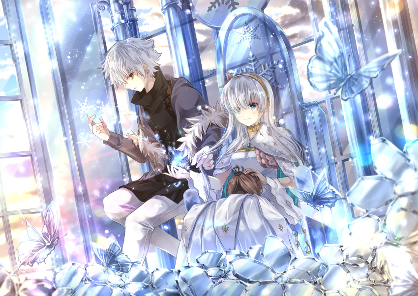 1boy 1girl anastasia_(fate/grand_order) animal bangs black_shirt blue_cloak blue_eyes blue_sky blush brown_hairband bug butterfly cloak closed_mouth clouds commentary_request dress earrings eyebrows_visible_through_hair eyes_visible_through_hair fate/grand_order fate_(series) fur-trimmed_jacket fur_trim grey_jacket hair_between_eyes hair_ornament hair_over_one_eye hairband highres indoors insect iroha_(shiki) jacket jewelry kadoc_zemlupus leaf_hair_ornament long_hair long_sleeves open_clothes open_jacket pants shirt silver_hair sky smile snowflakes transparent very_long_hair white_dress white_pants window