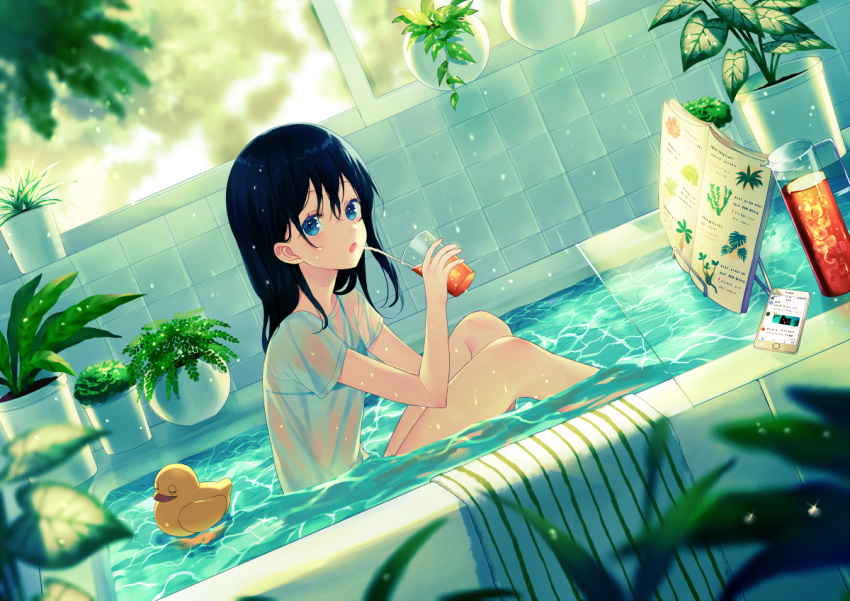 1girl :o achiki bangs bath bathing bathtub bendy_straw black_hair blue_eyes blurry blurry_background blurry_foreground blush commentary_request cup day depth_of_field drink drinking_glass drinking_straw dutch_angle eyebrows_visible_through_hair hair_between_eyes holding holding_drinking_glass indoors long_hair open_mouth original partially_submerged plant potted_plant rubber_duck see-through shirt short_sleeves sitting solo tile_wall tiles water wet wet_clothes wet_shirt white_shirt window