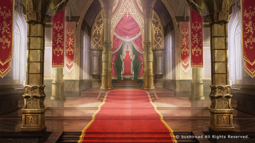 banner castle column curtains fantasy granadia_saga indoors no_humans official_art pillar red_carpet scenery shiki_makoto stairs sunlight throne throne_room watermark