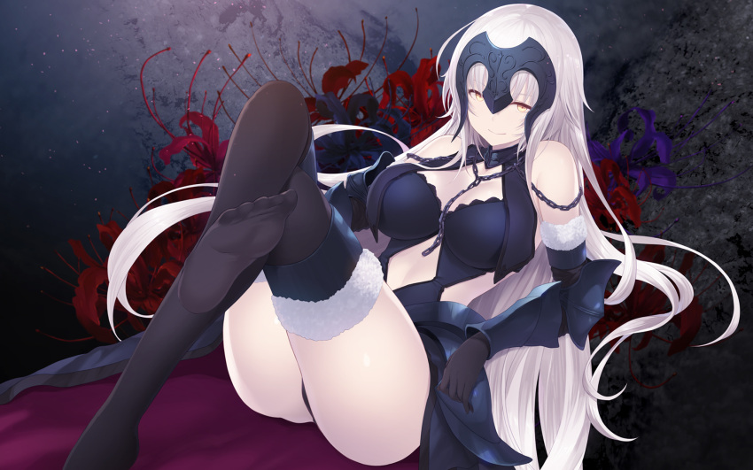 1girl ass black_gloves black_legwear breasts cait elbow_gloves fate/grand_order fate_(series) flower gloves heart highres jeanne_d'arc_(alter)_(fate) jeanne_d'arc_(fate)_(all) large_breasts leaning_back legs_crossed long_hair looking_at_viewer navel_cutout pale_skin sitting smile solo thigh-highs vambraces very_long_hair white_hair yellow_eyes