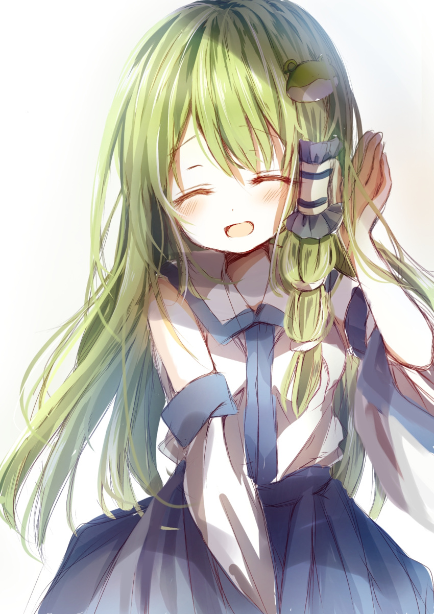 1girl bare_shoulders between_legs blue_skirt blush closed_eyes collared_shirt commentary cowboy_shot detached_sleeves dress_shirt eyebrows_visible_through_hair frilled_hair_tubes frog_hair_ornament green_hair hair_ornament hair_tubes hand_between_legs hand_to_head highres kochiya_sanae long_hair open_mouth ori_0715 shadow shiny shiny_hair shirt skirt sleeveless sleeveless_shirt smile snake_hair_ornament solo touhou two-tone_shirt upper_body very_long_hair white_background white_shirt younger