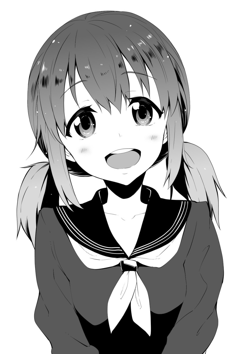 1girl :d akino_sora bangs blush copyright_request eyebrows_visible_through_hair greyscale head_tilt highres long_sleeves looking_at_viewer low_twintails monochrome neckerchief open_mouth round_teeth school_uniform serafuku simple_background smile solo teeth twintails upper_body white_background
