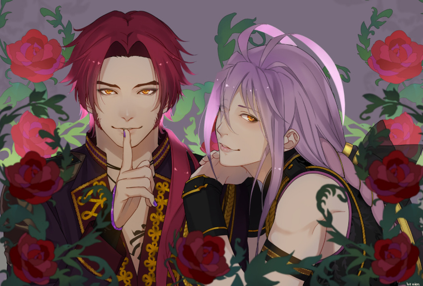 2boys antenna_hair finger_to_mouth flower grey_background lavender_hair lips looking_at_viewer male_focus multiple_boys musical_touken_ranbu orange_eyes pink_hair red_flower red_rose rose samurai10932 sengo_muramasa_(touken_ranbu) shushing sideburns sleeveless smile tonbokiri_(touken_ranbu) touken_ranbu upper_body