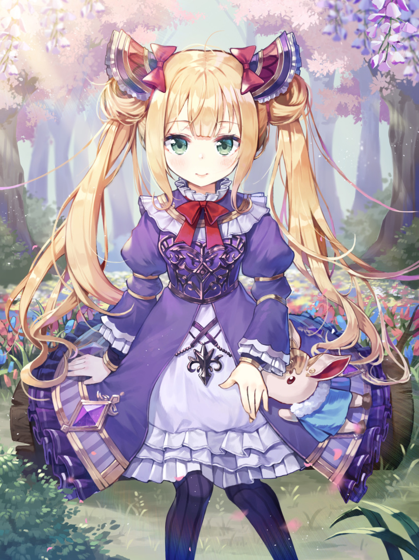 1girl bangs black_legwear blonde_hair blue_flower bow commentary_request day double_bun dress eyebrows_visible_through_hair field flower flower_field green_eyes hair_bow highres juliet_sleeves log long_hair long_sleeves luna_(shadowverse) outdoors pantyhose petals puffy_sleeves purple_dress red_bow red_flower shadowverse shoonia side_bun solo striped striped_legwear stuffed_animal stuffed_toy tree twintails vertical-striped_legwear vertical_stripes very_long_hair