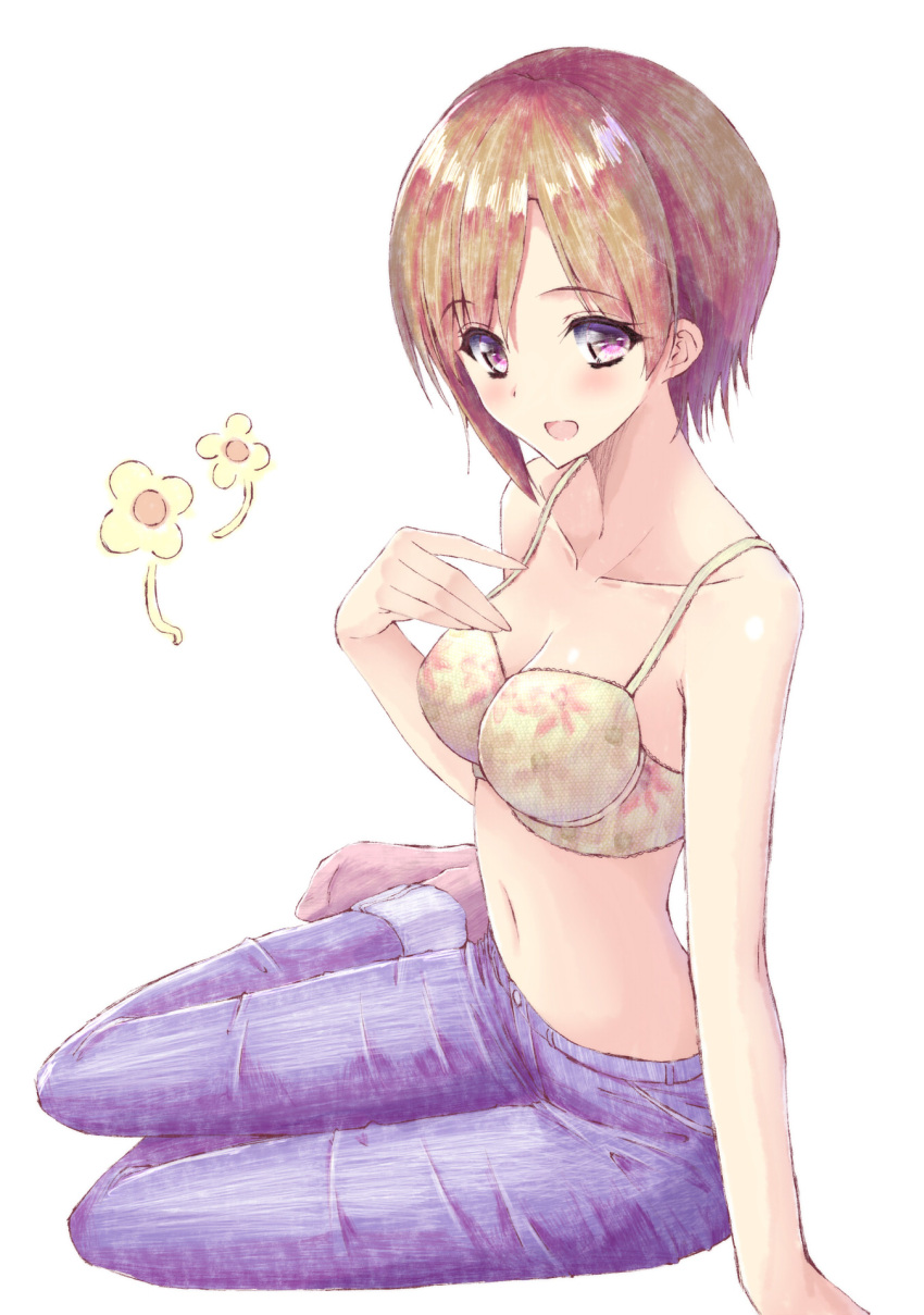 1girl :d aiba_yumi aramachi bare_shoulders blush bra breasts brown_hair cleavage collarbone denim eyebrows_visible_through_hair floral_print flower full_body hand_on_own_chest hand_up highres idolmaster idolmaster_cinderella_girls jeans looking_at_viewer medium_breasts navel no_shoes open_mouth pants pink_legwear print_bra shiny shiny_hair short_hair simple_background sitting smile socks solo stomach tareme underwear violet_eyes white_background yellow_bra yellow_flower yokozuwari