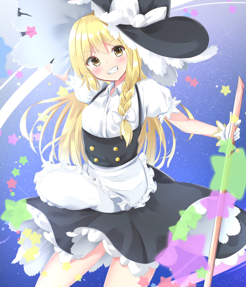 1girl arm_behind_head black_skirt black_vest blonde_hair braid broom contrapposto cowboy_shot eyebrows_visible_through_hair gloves grin hair_between_eyes hair_ribbon hat hat_ribbon head_tilt highres holding holding_broom kirisame_marisa kuraaken long_hair looking_at_viewer puffy_short_sleeves puffy_sleeves ribbon shirt short_sleeves single_braid skirt sky smile solo star star_(sky) starry_sky teeth touhou tress_ribbon very_long_hair vest white_gloves white_shirt witch_hat yellow_eyes