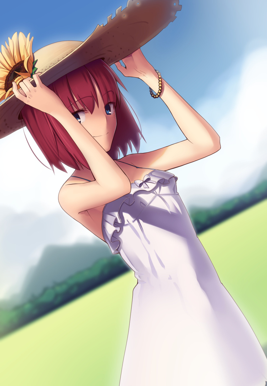 1girl absurdres blue_eyes boa_(brianoa) bracelet commentary cowboy_shot dress dutch_angle flower frilled_dress frills hands_up hat highres hisui jewelry landscape looking_at_viewer melty_blood redhead short_hair smile solo sun_hat sunflower tsukihime type-moon white_dress