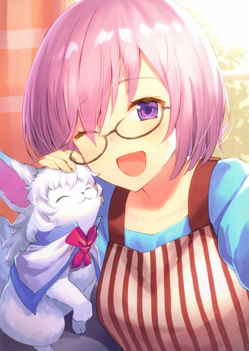 1girl :3 ;d ^_^ absurdres apron bangs black-framed_eyewear blue_shirt closed_eyes curtains day eyebrows_visible_through_hair fate/grand_order fate_(series) fou_(fate/grand_order) glasses hair_over_one_eye haru_(hiyori-kohal) highres huge_filesize indoors long_sleeves looking_at_viewer mash_kyrielight one_eye_closed open_mouth petting scan shirt short_hair smile solo upper_body window