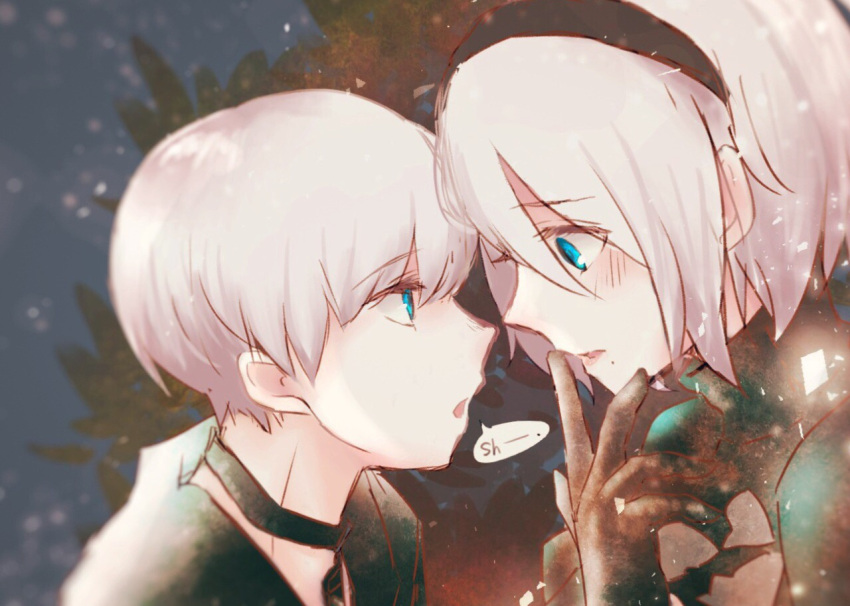 1boy 1girl android black_choker black_dress black_hairband black_jacket blue_eyes blush choker cleavage_cutout dress finger_to_mouth hairband hand_to_lip jacket long_sleeves looking_at_another mel-melty mole mole_under_mouth nier_(series) nier_automata no_blindfold open_mouth pink_lips shushing silver_hair white_hair yorha_no._2_type_b yorha_no._9_type_s
